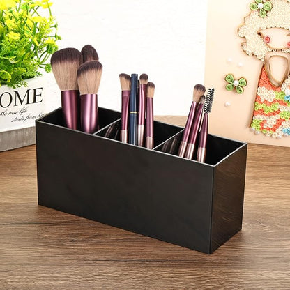 PATIKIL 3 Compartments Clear Acrylic Pen Holder, Pencil Holder Pen Organizer Pencil Cup Makeup Brush Holder Square for Countertop Desk, Black