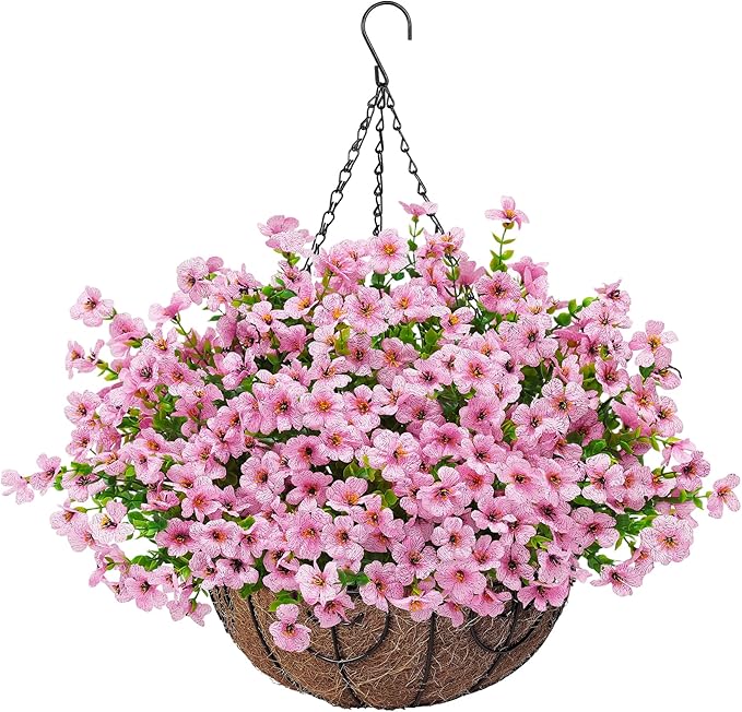 Artificial Fake Hanging Flowers Plants Basket for Outdoors Outside Spring Decoration,Hanging Planters with Faux Silk Flowers Realistic UV Resistant for Balcony Porch Patio Garden Fron Home Decor（Pink）