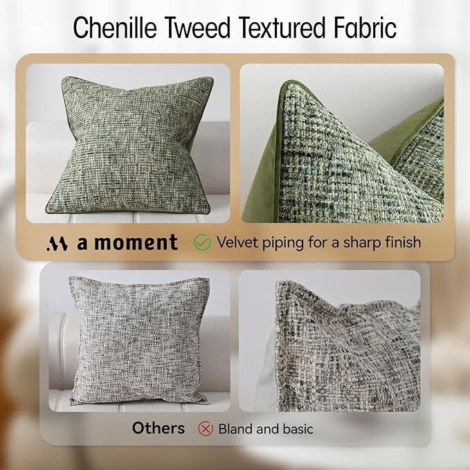 A Moment Christmas Dark Green Reversible Pillow Covers 2 Pack - Farmhouse Chenille Throw Pillows, Neutral Textured Decorative Throw Pillow Covers with Border for Couch Sofa Bed (20x20 Inch, No Insert)