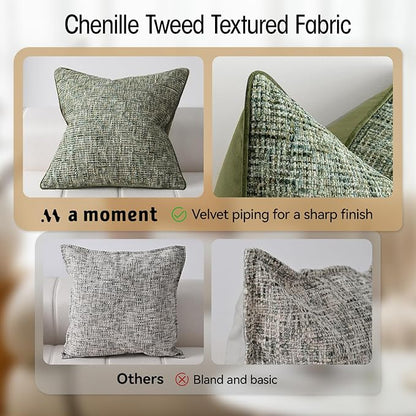 A Moment Christmas Dark Green Reversible Pillow Covers 2 Pack - Farmhouse Chenille Throw Pillows, Neutral Textured Decorative Throw Pillow Covers with Border for Couch Sofa Bed (12x20 Inch, No Insert)
