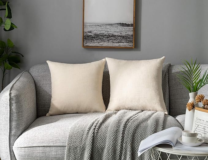 Stellhome Burlap Throw Pillow Covers Solid Farmhouse Linen Pillowcase for Bed Couch Sofa Bench, Set of 2, 18 x 18 inch (45 x 45 cm), Cream