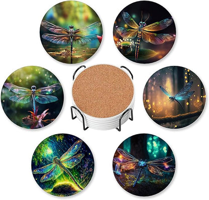 6 Pcs Drink Coasters with Holder,Fantastic Dragonfly Forest Absorbent Round Ceramic Coaster for Tabletop Protection,for Coffee Cup Beverage Coasters Wine Beer Bar