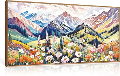 Aryroi Large Colorful Floral Mountain Scenery Framed Canvas Wall Art,Abstract Woodland Wildflower Wall Decor,Brilliant Nature Botanical Landscape artwork for Living Room, Bedroom, Office-40 x20 x1
