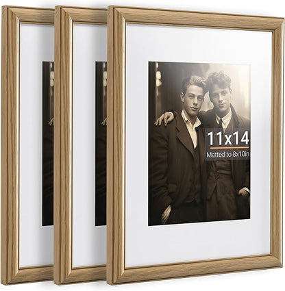 Heimlove 11x14 Picture Frame,11 x 14 Solid White Oak Photo Frame Matted to 8x10 with Tempered Glass,11"x14" Handcrafted wood Frame,Vertical or Horizontal Wall Hanging,Art Photo and Prints,3 Pack