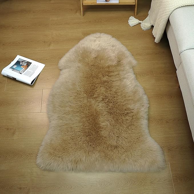 Genuine Sheepskin Rug New Zealand Fluffy Lambskin Rug, Natural Luxury Sheepskin Throw for Bedroom Living Room Children's Room Office- Premium Area Rug Chair Cover (2×3 Feet, Worm Brown)