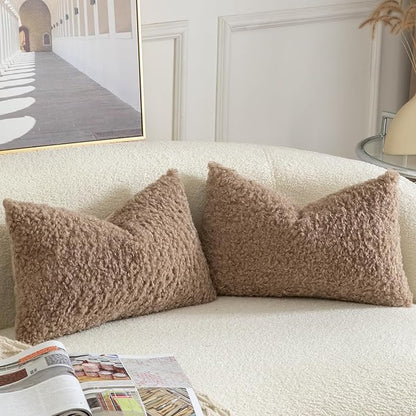 Yaertun Pack of 2 Faux Fur Throw Pillow Covers Decorative Sherpa Boucle Pillow Covers Fuzzy Soft Pillowcases Sheepskin Fleece Cushion Case for Couch Sofa Bed Living Room 12x20 Inch Khaki