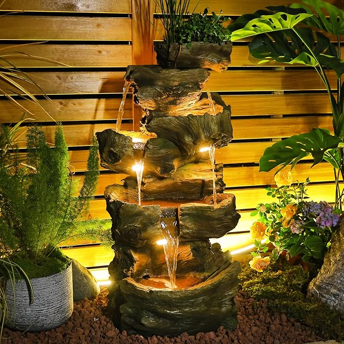 40" H Outdoor Water Fountain with 5 Tiers Large Cascading Realistic Tree Trunk Waterfall Fountains with LED Lights Outdoor Water Fountain for Garden Patio Backyard Porch Home Decor