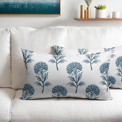 Blue Floral Lumbar Pillow Covers 12x20 Set of 2 Blue and White Block Print Pattern Rustic Spring Flower Decorative Outdoor Farmhouse Pillowcases Decorations Throw Cushion Cover Decor Couch Sofa Bed