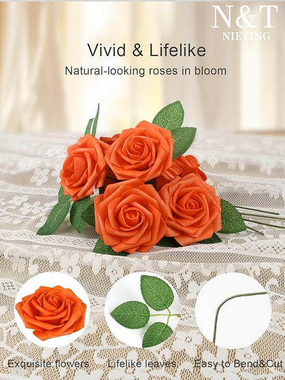 N&T NIETING Artificial Fall Flowers Fake Flowers Orange Roses Perfect for DIY Wedding Bridal Bouquets Centerpieces Bridal Shower Party Home Flower Arrangement Thanksgiving Decorations, 25Pcs