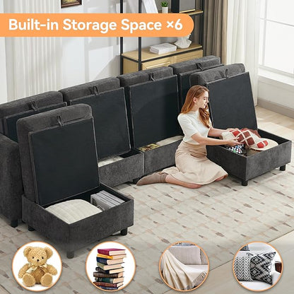 107”Modular Sectional Sofa Convertible U Shaped Sofa Couch Set with Storage for Living Room, Modern 6 Seater Modular Sectional Couch with Movable Ottoman, Chenille(Dark Grey)