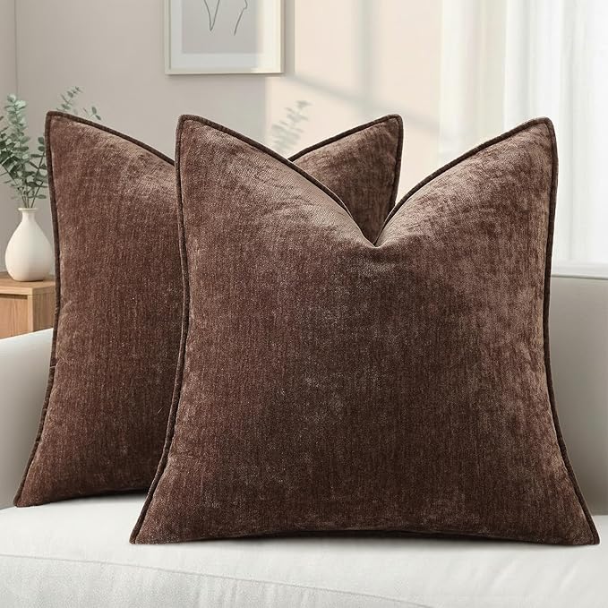 decorUhome Spring Couch Throw Pillow Covers 16x16 Set of 2, Decorative Soft Velvet Neutral Chenille Pillow Covers with Elegant Design for Sofa Bed Living Room Home Decor, Dark Brown