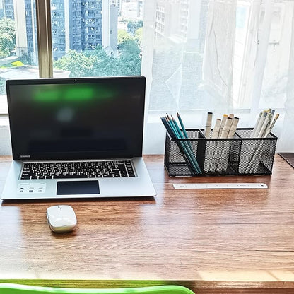 Metal Mesh Pencil Holder, Spacious 3-Compartment Desk Organizer for Pens, Makeup Brushes, Utensils, Multipurpose Office, School ,Kitchen, Home Desktop Storage, 10.43 x 3.35 x 4.04 Inches, Black