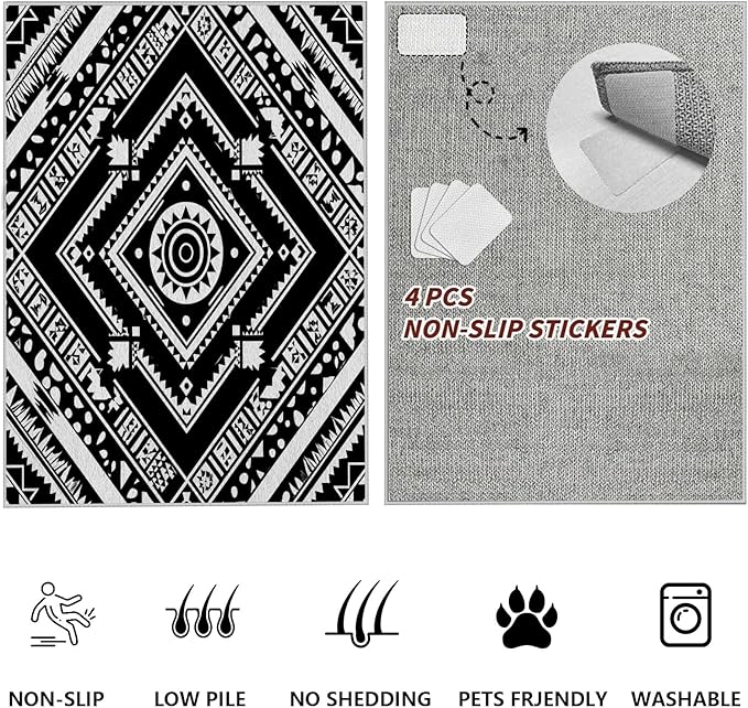 Area Rugs for Living Room 8x10, Moroccan Washable Low Pile Rug, Boho Neutral Farmhouse Ultra Soft Carpet for Bedroom Dining Room Home Decor, Geometric Print Tribal Carpets Black and White