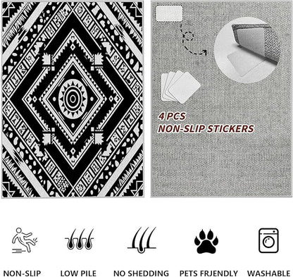Area Rugs for Living Room 3x5, Moroccan Washable Low Pile Rug, Boho Neutral Farmhouse Ultra Soft Carpet for Bedroom Dining Room Home Decor, Geometric Print Tribal Carpets Black and White