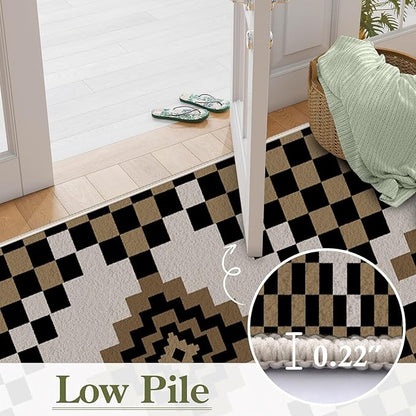 Retro Moroccan Farmhouse Decor Rug Runners for Hallways, 2.6x7ft, Black Linen Checkered Entryway Carpet, Rubber Backed Low Pile Easy Clean Carpets, Durable Reduce Noise Rugs for Floor