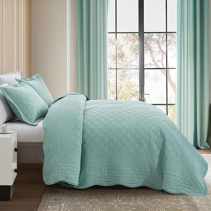 CHIXIN Cotton Bedspread Full Size - Real Stitching - Luxury Quilted Bedding Cover for All Season, Reversible, Ultra Soft, Lightweight, 3 Piece, Seaglass