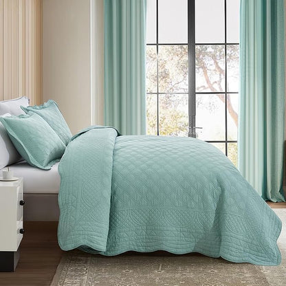 CHIXIN Cotton Bedspread Full Size - Real Stitching - Luxury Quilted Bedding Cover for All Season, Reversible, Ultra Soft, Lightweight, 3 Piece, Seaglass