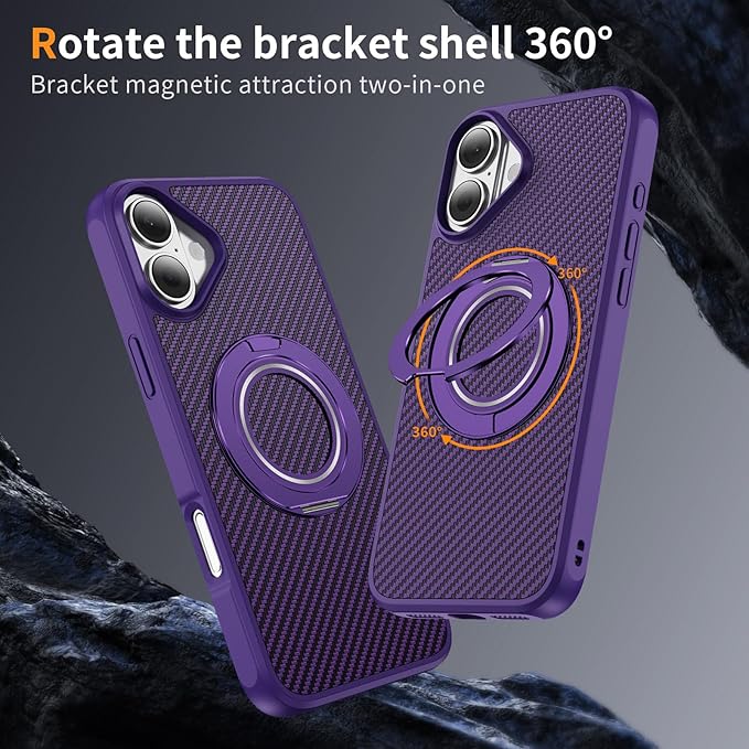 Mag-Stand Carbon Fiber Case for iPhone 17, 360° Rotate Magnetic Stand, Compatible with MagSafe, 15FT Military Protection, Slim Shockproof Magnetic Kickstand Mag Phone Case for Men Women Purple