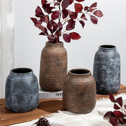 Briful 8.3in Rustic Ceramic Vase, Brown Vintage Flowers Vase, Extra-Large Rustic Farmhouse Vase, Whitewashed Terra Cotta Vase, Antique Pottery Pampas Vase for Home Living Room Kitchen Mantel Decor