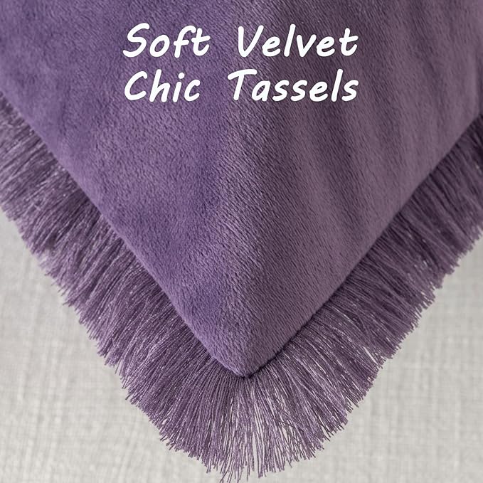 FUTEI Eggplant Purple Velvet Decorative Throw Pillow Covers 26x26 Set of 2,Soft Cozy Edge with Tassels Euro Pillow Shams,Boho Modern Home Decor for Couch Bed Living Room