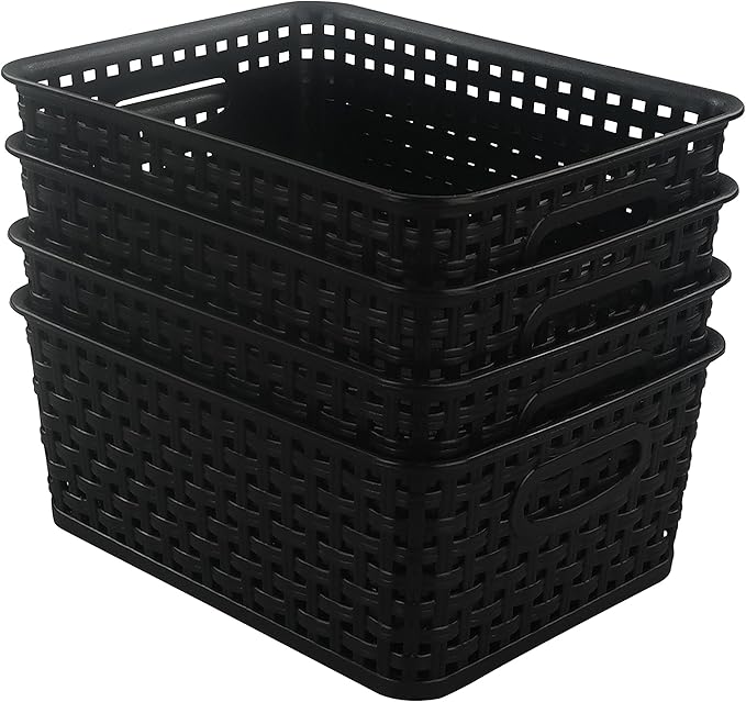 Morcte Black Plastic Storage Basket Bins Organizer, 4-Pack
