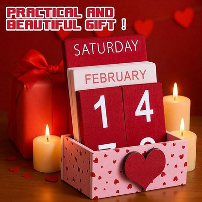 Heart Wood Block Perpetual Calendar Valentine's Day Desk Decor Cute Month Week Date Display Decorative Block Calendar for Women Office Home Desk Gift for Women