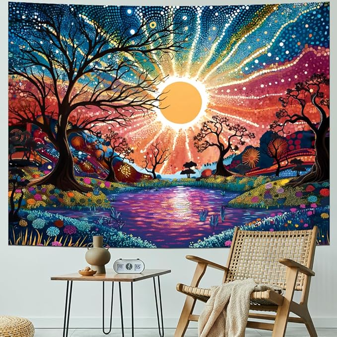 Serborlur Tree of Life Tapestry Trippy Sun Forest Tapestries Colorful Starry Sky Tapestries Hippie Nature Landscape Wall Tapestry Aesthetic Vintage Wall Hanging for Bedroom (70.8" x 92.5")