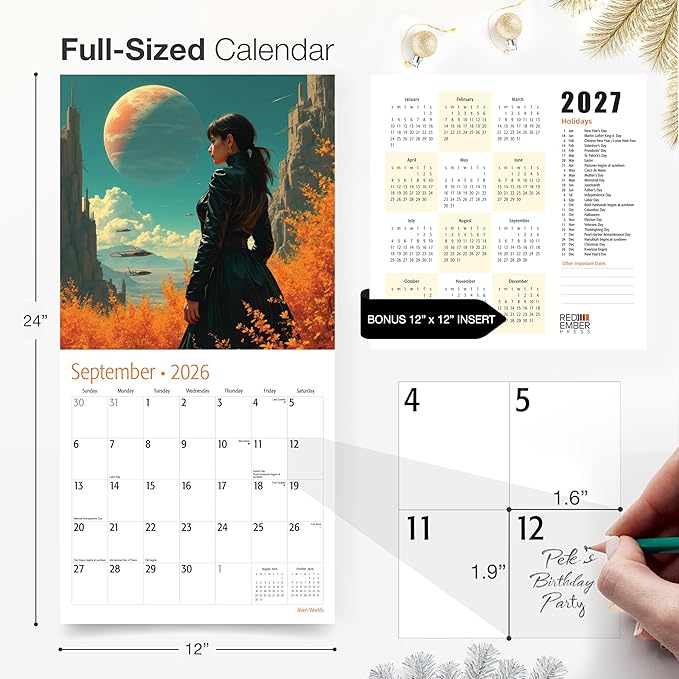 RED EMBER Alien Worlds 2026 Wall Calendar 12 Month | 12" x 24" Open | Thick & Sturdy Paper | Holiday Gift | Sci Fi Art Calendar 2026