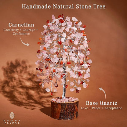 Healing Crystals Chakra Tree of Life for Positive Energy & Protection & Good Luck, Money, Feng Shui Decor for Home and Office Desk Decoration, Spiritual Gifts (Rose, Carnelian Dual Beads)