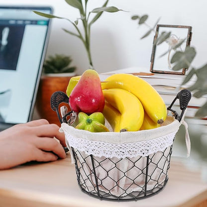Wire Storage Basket with Handle and Fabric Liner Rustic Metal Bread and Fruit Basket for Kitchen Pantry Organization for Serving and Storage