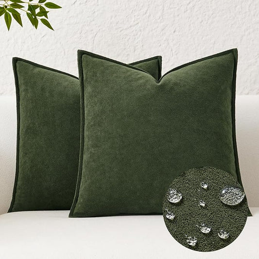 Kevin Textile Waterproof Decorative Pillow Covers Moss Green 20x20 Inch Pack of 2 Soft Boucle Textured Throw Pillowcases Elegant Accent Pillows for Couch Sofa Chair Bed Home Decor Indoor Outdoor