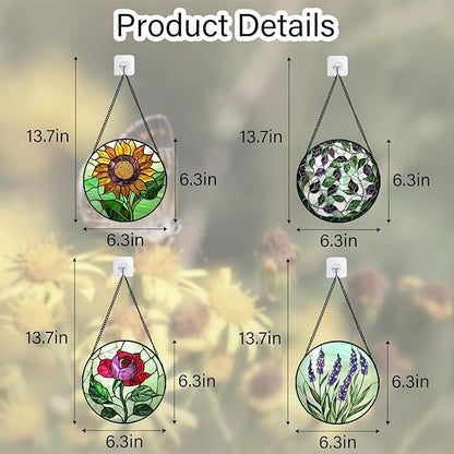 Stained Glass Window Hanging 4 Pcs Set Red Roses Yellow Sunflowers 6.3" - Flower Suncatcher Door Garden Sun Catcher Decor Birthday Mother's Day for Mom Woman Nana Girl