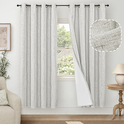 Lajode 100% Blackout Curtains for Living Room 72 Inch Length 2 Panels Set, Thermal Insulated Light Blocking Boho Faux Linen Window Curtains for Bedroom, Bronze Grommet, Each 52" Wide, Light Grey