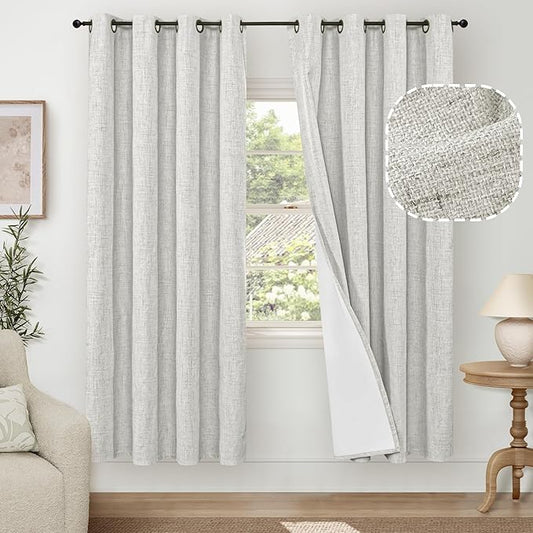 Lajode 100% Blackout Curtains for Living Room 72 Inch Length 2 Panels Set, Thermal Insulated Light Blocking Boho Faux Linen Window Curtains for Bedroom, Bronze Grommet, Each 52" Wide, Light Grey