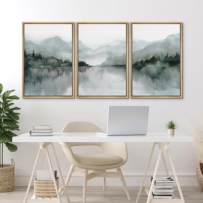 MUDECOR Framed Wall Art Print Set Misty Mountain Lake Watercolor Serene Illustrations Modern Art Boho Decorative Colorful Chic for Living Room, Bedroom, Office - 24"x36"x3 Natural