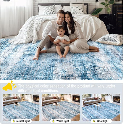 Area Rugs 10x12 Living Room - Washable Rug Modern Abstract Soft Large Neutral Non-Slip Carpet Indoor Floor Thin Carpets for Bedroom Dining Room Farmhouse Nursery Home Office Blue Grey