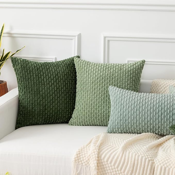 Kevin Textile Throw Pillow Covers Soft Corduroy Decorative Set of 2 Boho Striped Pillow Covers Pillowcases Farmhouse Home Decor for Couch Bed Sofa Living Room 18x18 Inch Moss Green