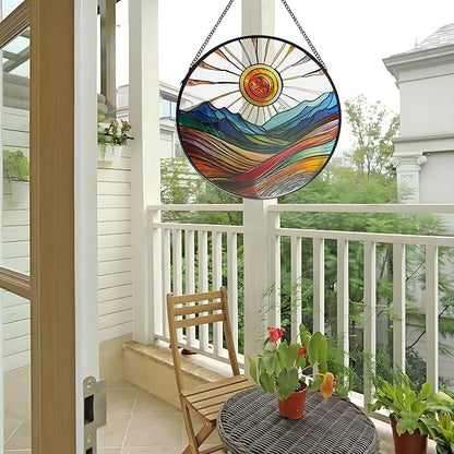 Sun Mountains Stained Glass Window Hanging, 9.8’’Sun Catcher Glass Panel Boho Wall Art Decor with Chain, Hand Painted Round Glass Gifts for Couples, Housewarming Gift