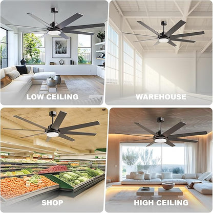 72 Inch Ceiling Fans with Lights and Remote Smart App, Indoor Black LED Big Ceiling Fan Reversible 24dB Quiet DC Motor, 6 Speed 3CCT Dimiable, Modern Ceiling Fans for LivingRoom Farmhouse Garage