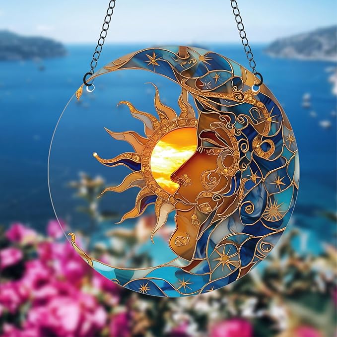 Sun and Moon Stained Acrylic Window Hanging,Sun Catcher Window Decor,Outdoor Garden Decor Gift for Women Christmas Thanksgiving Gift