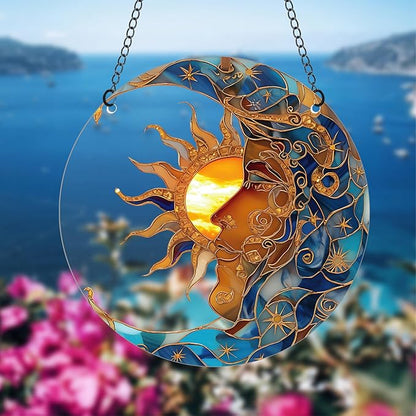 Sun and Moon Stained Acrylic Window Hanging,Sun Catcher Window Decor,Outdoor Garden Decor Gift for Women Christmas Thanksgiving Gift