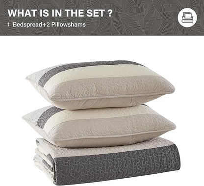 SahSahCasa 100% Cotton 120"x120" Oversized King Quilt Bedspread - California King Quilted Extra Large Comforter Lightweight Bedding Set, Cal King XL Striped Bed Spread, Light Taupe/Light Ivory/Gray
