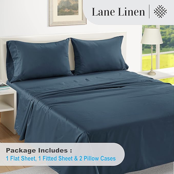 LANE LINEN 100% Egyptian Cotton Full Size Sheets, Soft & Comfy Sateen Weave No Pill Mercerized Cotton Cooling Sheets Full Size, Fully Elasticized Reinforced Seam Full Bedding Set – Dark Denim