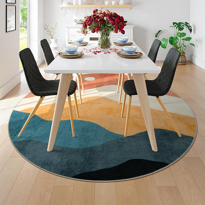 Mountain Round Rugs 8ft, Abstract Circle Rug for Living Room Non Slip Washable Bedroom Area Rug, Soft Extra Large Round Carpet for Nursery Dinng Room Playroom(Multi)