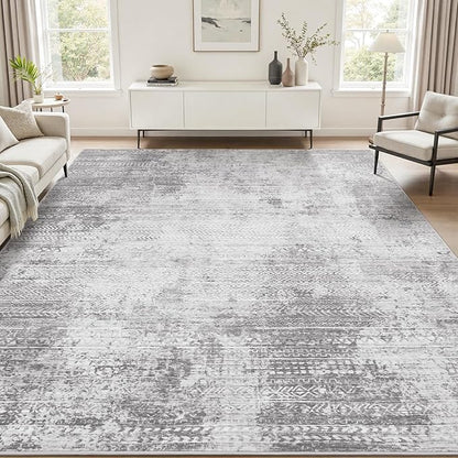 5x7 Area Rugs for Living Room Non Slip Machine Washable Rug Distressed Abstract Soft Indoor Carpet Neutral Boho Rug for Bedroom Dining Room Playroom Office, Grey