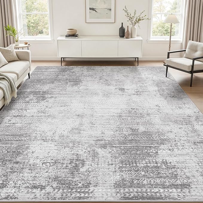 6x9 Area Rugs for Living Room Non Slip Machine Washable Rug Distressed Abstract Soft Indoor Carpet Neutral Boho Rug for Bedroom Dining Room Playroom Office, Grey