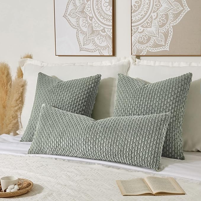 Kevin Textile 20x54 Inch Long Body Lumbar 1 Pack Boho Decorative Throw Pillow Cover Soft Striped Corduroy Rectangle Cushion Case Farmhouse Accent for Living Room Couch Sofa Bed, Greyish Green