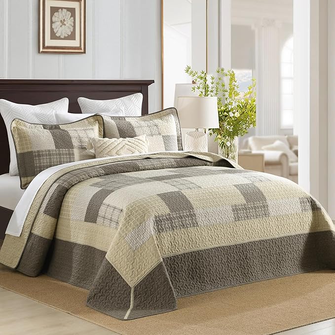Oversized Bedspread Quilt 120x120-100% Cotton Plaid King Bedspreads Coverlet, Farmhouse Quilted Bedding Cover for All Season, Reversible, Lightweight, 3 Piece, Brown/Beige