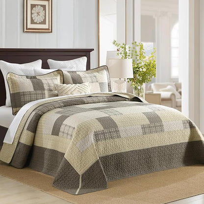 Oversized Bedspread Quilt 120x120-100% Cotton Plaid King Bedspreads Coverlet, Farmhouse Quilted Bedding Cover for All Season, Reversible, Lightweight, 3 Piece, Brown/Beige