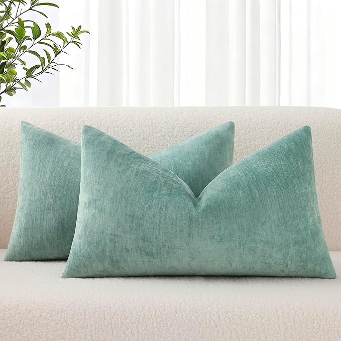decorUhome Chenille Aqua Haze Spring Throw Pillow Covers 12x20 Inch Set of 2, Decorative Soft Couch Pillow Covers Solid Dyed Accent Farmhouse Neutral Rectangle Pillow Cases for Sofa